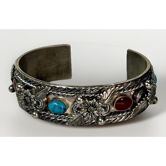 Vintage Navajo Mixed Metal Cuff Bracelet Turquoise Coral Inlay 46.3g HEAVY- 8.5” - Picture 1 of 12